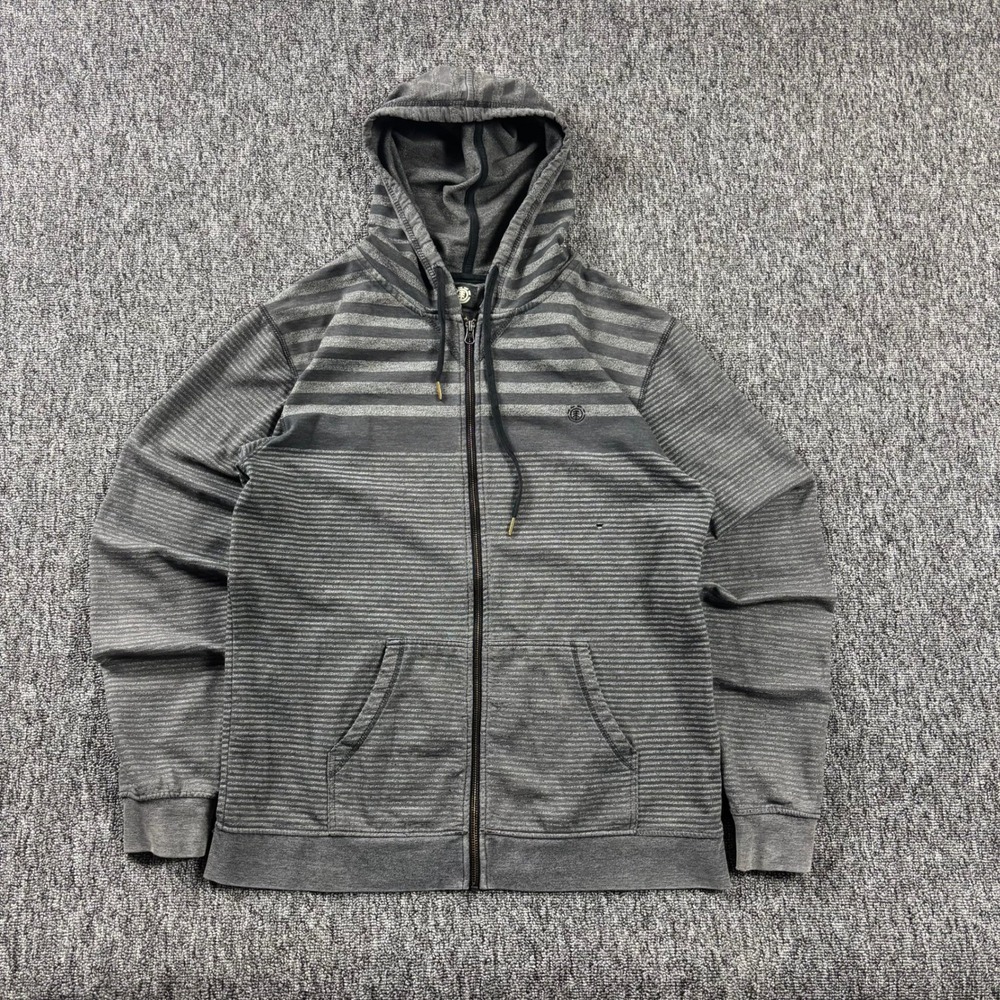 Grunge Y2K Element Skateboarding Striped Full Zip Grey Hoodie Sweatshirt Large